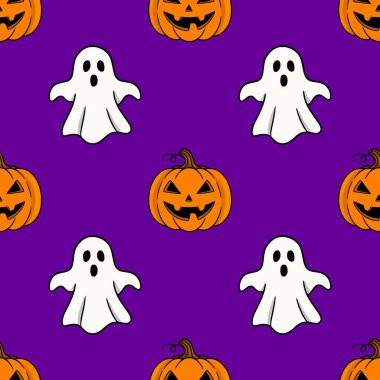 Pırıl pırıl mor bir arka planda şirin balkabakları ve arkadaş canlısı hayaletleri olan kusursuz vektör Cadılar Bayramı deseni, şenlikli tasarımlar ve dekorasyonlar için mükemmel..