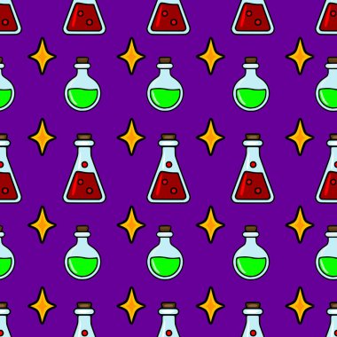 Çizgi film stili kırmızı ve yeşil iksirlerle kusursuz vektör deseni, mor arka planda parlak yıldızlarla süslenmiş, Cadılar Bayramı veya fantezi tasarımları için mükemmel..