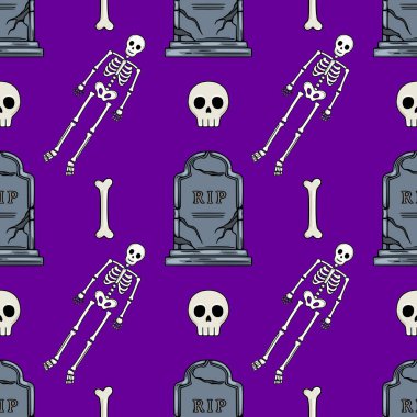 Garip iskeletler, kafatasları ve çatlak mezar taşları içeren kusursuz bir vektör Cadılar Bayramı deseni. Ürkütücü temalı tasarımlar için ideal..