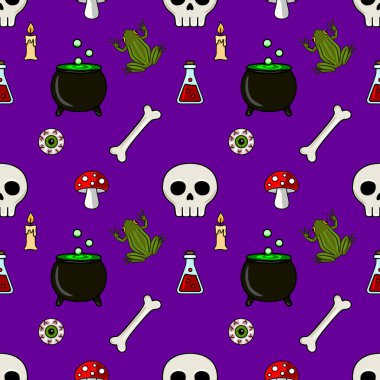 Mor arka planda, kafatası, kurbağa, kazan, mum, kemik, göz ve mantar desenli kusursuz vektör Cadılar Bayramı deseni, ürkütücü festival tasarımları için idealdir..