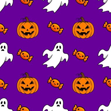 Neşeli balkabağı fenerleri, arkadaş canlısı hayaletler ve canlı mor bir arka planda turuncu şekerler içeren kusursuz bir Cadılar Bayramı deseni. Şenlikli tasarımlar için mükemmel..