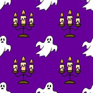 Kusursuz vektör Cadılar Bayramı şablonu kaprisli hayaletler ve parlak mor bir arka plan karşısında süslü mum tutucularla neşeli ama ürkütücü bir atmosfer yaratıyor..