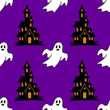 Şirin hayaletleri olan kusursuz vektör Cadılar Bayramı şablonu ve canlı mor arka planda ürkütücü evleri olan şenlikli tasarımlar ve dekorasyonlar için mükemmel..
