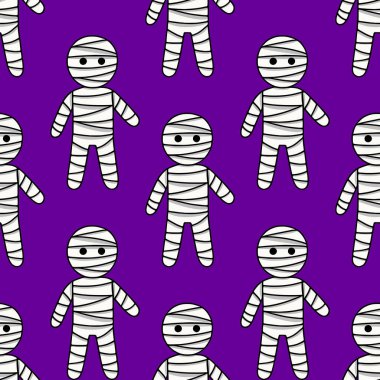 Bandaj kostümlü şirin mumyaların kusursuz vektör deseni zengin mor arka planda, Cadılar Bayramı temalı tasarımlar için mükemmel..