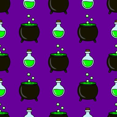 Kabaran yeşil iksir ve cam şişeli çizgi film kazanları içeren kusursuz vektör Cadılar Bayramı deseni, canlı mor bir zemin üzerine kurulmuş, şenlik tasarımları için mükemmel.