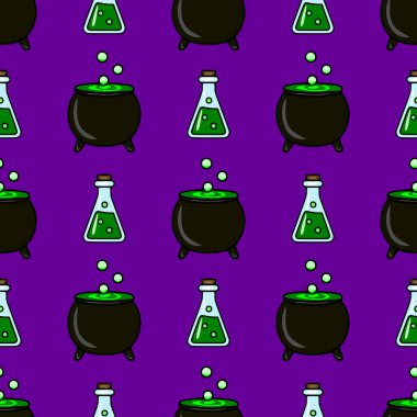 Karikatür cadılar bayramı kazanlarının kusursuz vektör deseni. Kabaran yeşil iksir ve zengin mor arka planda cam mataralar, şenlik tasarımları için mükemmel..