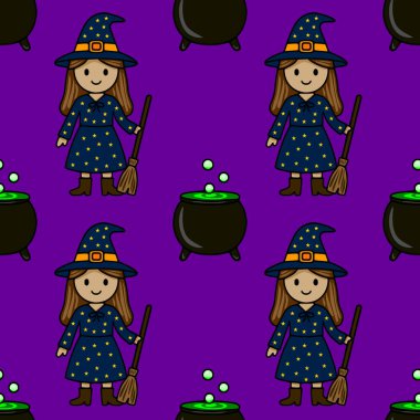 Kusursuz bir vektör deseni, içinde süpürge ve kazanı olan şirin bir cadının canlı mor arka planda yeşil bir iksir hazırlaması, Cadılar Bayramı temalı tasarımlar için mükemmel..
