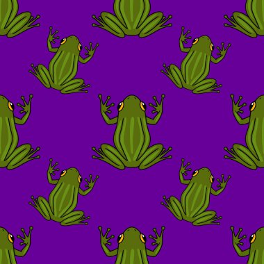 Canlı mor bir zemin üzerinde parlak sarı gözlü, oyuncu yeşil kurbağaların kusursuz vektör deseni, tekstil baskıları veya dijital kağıtlar için eğlenceli ve ilginç bir tasarım yaratıyor..