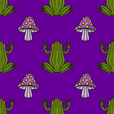 Canlı mor bir arka planda çizgi film karakteri ve mor mantarlı kusursuz vektör deseni, Cadılar Bayramı veya sonbahar temaları için ideal, kaprisli ve oyuncu bir tasarıma sahip..