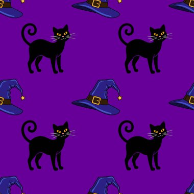 Kusursuz vektör Cadılar Bayramı şablonu. Siyah kediler ve parlak mor arka planda kaprisli mavi büyücü şapkaları. Şenlikli tasarımlar ve ürkütücü kutlamalar için mükemmel..