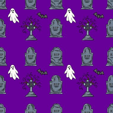 Eflatun arka planda mezar taşları, hayaletler, yarasalar ve Kelt haçlarıyla kusursuz vektör Cadılar Bayramı şablonu, ürkütücü tasarımlar ve şenlikli kutlamalar için mükemmel..