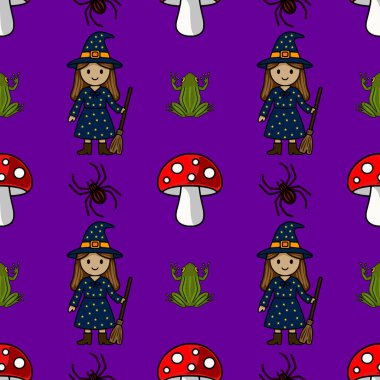 Şirin bir cadı, örümcekler, kurbağalar ve canlı mor arka planda zehirli mantarlar içeren kusursuz bir Cadılar Bayramı deseni. Festival tasarımları için mükemmel..