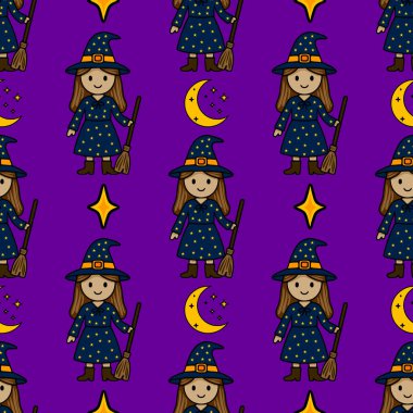 Yıldızlı elbiseli, süpürge saplı sevimli çizgi film cadılarının hilal ve parlayan yıldızlarla tamamlanmış canlı mor bir arka plana karşı kusursuz bir vektör deseni var..