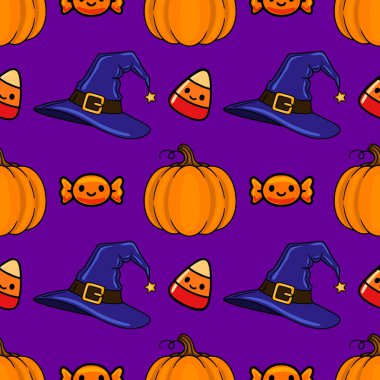 Tatlı balkabakları, cadı şapkaları, mısır şekeri ve lolipoplar içeren kusursuz vektör Cadılar Bayramı deseni canlı mor arka planda, şenlik tasarımları için mükemmel..