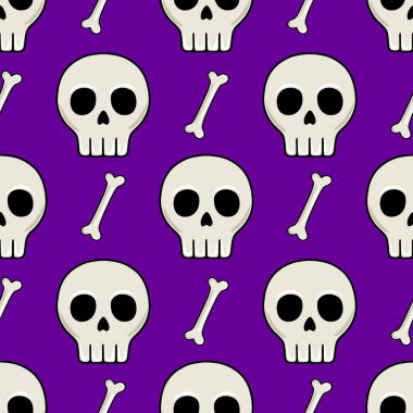 Canlı mor bir zemin üzerinde çizgi film kafatası ve çapraz kemikler kusursuz vektör deseni, Cadılar Bayramı tasarımları ve ürkütücü temalı projeler için ideal..