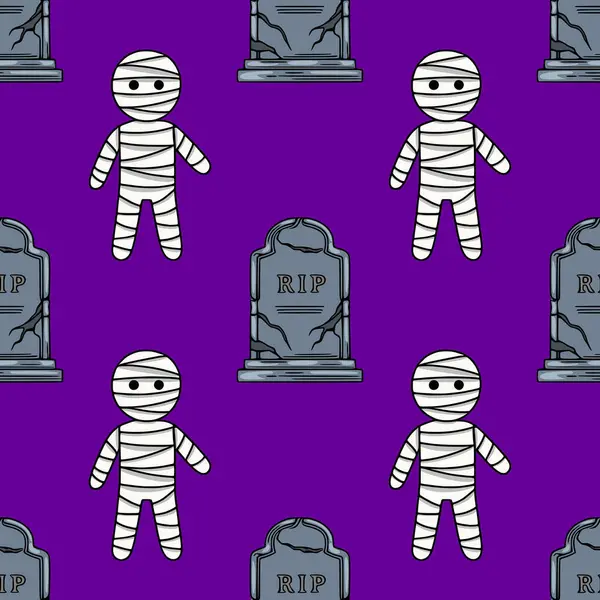 Güzel karikatür mumyaları ve parlak mor arka planda çatlak mezar taşları içeren kusursuz vektör deseni, Cadılar Bayramı temalı tasarımlar için idealdir..