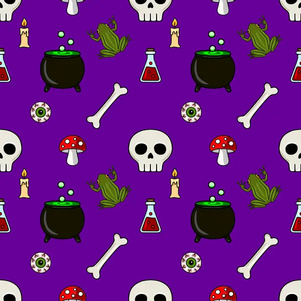 Mor arka planda, kafatası, kurbağa, kazan, mum, kemik, göz ve mantar desenli kusursuz vektör Cadılar Bayramı deseni, ürkütücü festival tasarımları için idealdir..