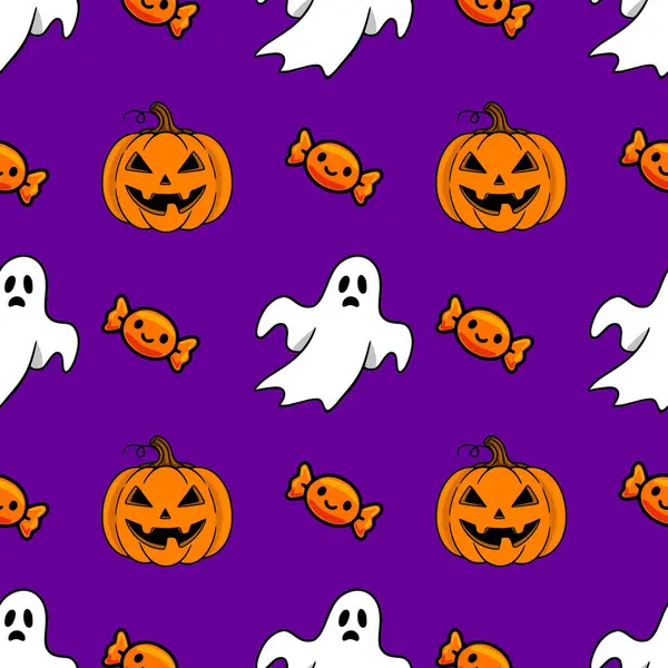 Neşeli balkabağı fenerleri, arkadaş canlısı hayaletler ve canlı mor bir arka planda turuncu şekerler içeren kusursuz bir Cadılar Bayramı deseni. Şenlikli tasarımlar için mükemmel..