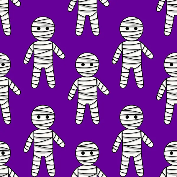 Bandaj kostümlü şirin mumyaların kusursuz vektör deseni zengin mor arka planda, Cadılar Bayramı temalı tasarımlar için mükemmel..