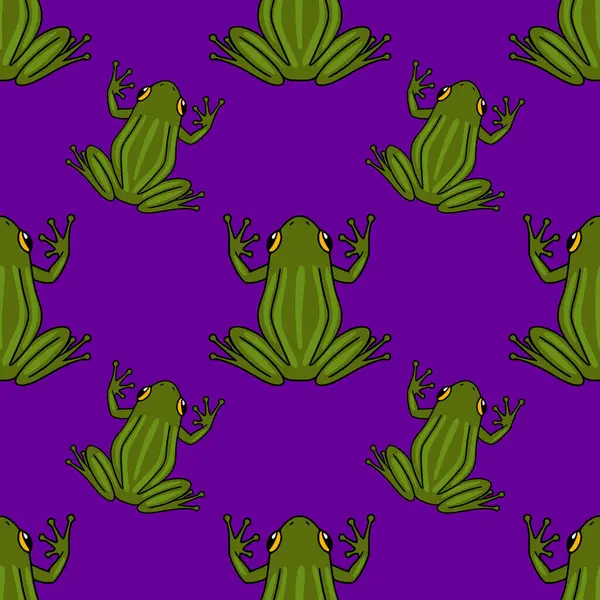Canlı mor bir zemin üzerinde parlak sarı gözlü, oyuncu yeşil kurbağaların kusursuz vektör deseni, tekstil baskıları veya dijital kağıtlar için eğlenceli ve ilginç bir tasarım yaratıyor..