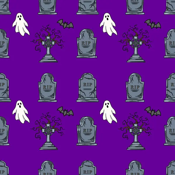 Eflatun arka planda mezar taşları, hayaletler, yarasalar ve Kelt haçlarıyla kusursuz vektör Cadılar Bayramı şablonu, ürkütücü tasarımlar ve şenlikli kutlamalar için mükemmel..