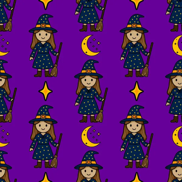 Yıldızlı elbiseli, süpürge saplı sevimli çizgi film cadılarının hilal ve parlayan yıldızlarla tamamlanmış canlı mor bir arka plana karşı kusursuz bir vektör deseni var..
