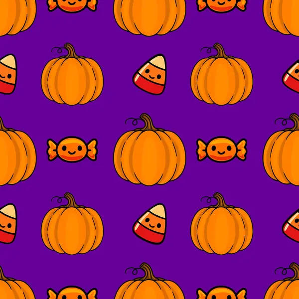 Şirin balkabakları, şekerleri ve parlak mor arkaplanlı şekerlemeleri olan kusursuz vektör Cadılar Bayramı deseni festival tasarımları ve baskıları için mükemmel..