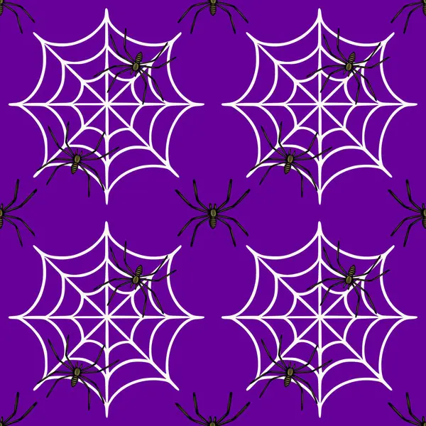 Cadılar Bayramı örümcek ağlarının ve örümceklerin kusursuz vektör deseni derin mor bir arka planda, ürkütücü ve stil sahibi tekstil veya ambalajlama için detaylı örümcek çizimleri ve geometrik web tasarımları içerir....