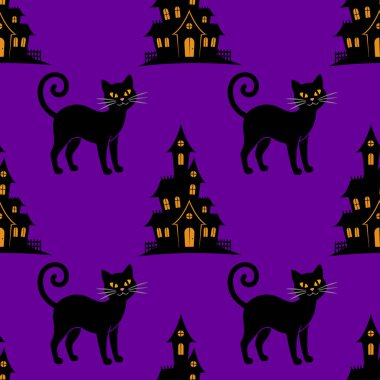 Siyah kediler ve canlı mor arka planda ürkütücü evler içeren kusursuz vektör Cadılar Bayramı deseni, şenlik tasarımları ve dekorasyonlar için mükemmel..