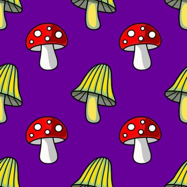 Sonbahar ya da Cadılar Bayramı tasarımları için ideal, koyu mor arka planda canlı kırmızı, yeşil ve sarı mantarlar içeren kusursuz bir vektör deseni..