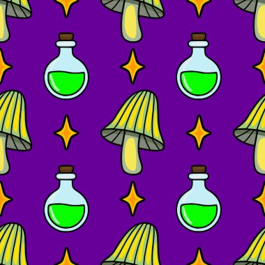 Pembe arkaplanda parlak mantarlar, parlayan yıldızlar ve iksir şişeleri içeren kusursuz bir vektör deseni, Cadılar Bayramı için büyülü ve büyüleyici bir tasarım yaratıyor....