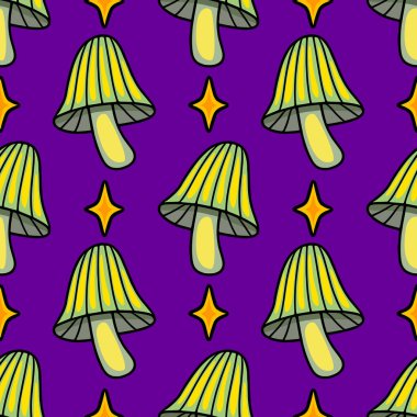 Mor zemin üzerinde şekillendirilmiş yeşil mantarların ve sarı yıldızların kusursuz vektör deseni Cadılar Bayramı ya da sonbahar temalı projeler için mükemmel bir kaprisli ve büyülü sonbahar tasarımı yaratıyor..