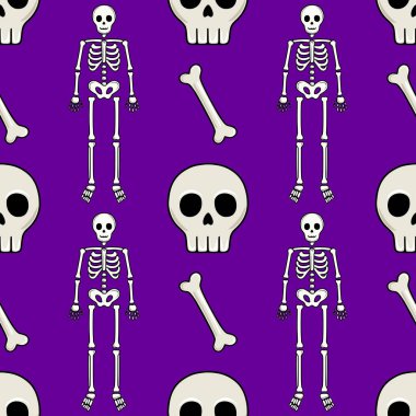 Çizgi film iskeletleri, kafatasları ve canlı mor arka planda kemikleri olan kusursuz vektör Cadılar Bayramı deseni, şenlik tasarımları ve ürkütücü temalı projeler için ideal..