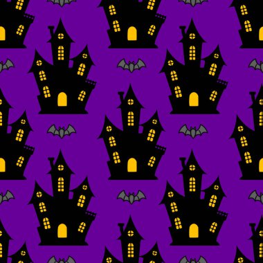 Eflatun arka planda ürkütücü perili evleri ve yarasaları olan kusursuz vektör Cadılar Bayramı deseni, şenlikli tasarımlar ve dekorasyonlar için mükemmel..