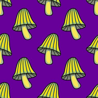 Canlı mor bir zemin üzerinde şekillendirilmiş yeşil ve sarı mantarların kusursuz vektör deseni, cadılar bayramı veya sonbahar temaları için tuhaf ve hafif psikedelik bir tasarım yaratıyor..
