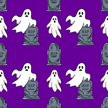 Neşeli çizgi film hayaletleri ve parlak mor arka planda çatlak mezar taşları içeren kusursuz bir vektör Cadılar Bayramı deseni. Ürkütücü şenlik tasarımları için ideal..