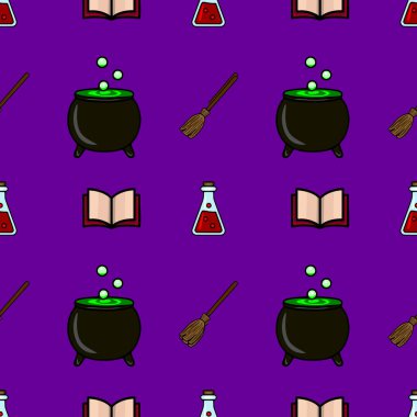 Kusursuz bir Cadılar Bayramı şablonu, bir kazan, süpürge, iksir şişesi, ve eşsiz bir karikatür tarzı içeren canlı mor arka plan büyü kitabı,.