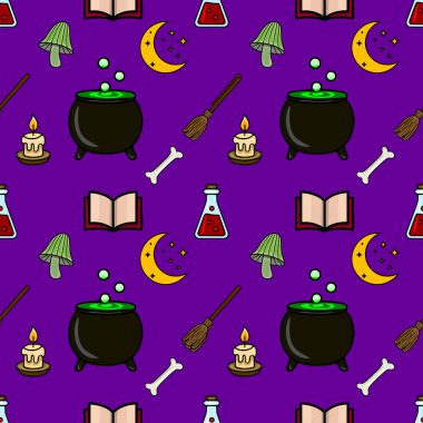 Cadılar Bayramı cadılığı unsurları ile kusursuz vektör deseni: Kazan, iksir, süpürge, kemik, mum, mantar, açık kitap ve mor arka planda hilal, şenlikli dekorasyonlar için tasarlanmış.