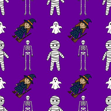 Şirin mumyalar, iskeletler, cadılar ve hayaletler ile kusursuz vektör Cadılar Bayramı deseni canlı mor arka planda, şenlikli tasarımlar ve ürkütücü kutlamalar için mükemmel..