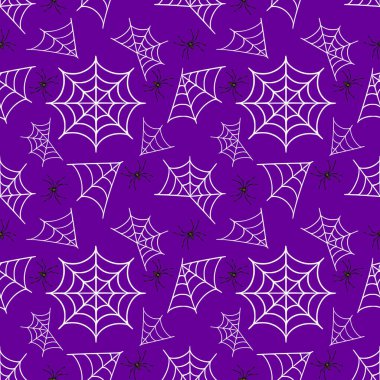 Pırıl pırıl mor bir arka planda beyaz örümcek ağları ve siyah örümcekleri olan kusursuz bir vektör Cadılar Bayramı deseni. Ürkütücü temalı tasarımlar ve şenlikli dekorasyonlar için ideal..