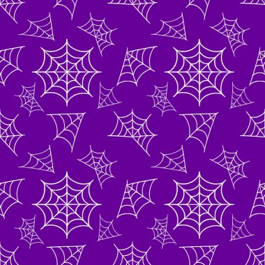 Canlı mor bir zemin üzerinde el çizimi beyaz örümcek ağlarının kusursuz vektör deseni, Cadılar Bayramı temalı tasarımlar ve ürkütücü sonbahar projeleri için ideal..