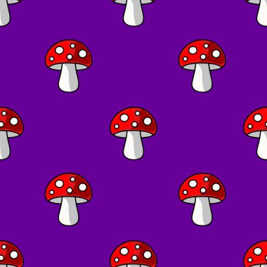 Canlı mor arka planda beyaz noktalı kırmızı mantarların kusursuz vektör deseni, Cadılar Bayramı veya sonbahar tasarımları için idealdir..