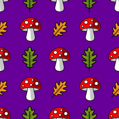 Beyaz noktalı canlı kırmızı zehirli mantar ve zengin mor arka planda stilize meşe yaprakları içeren kusursuz vektör deseni, neşeli bir sonbahar tasarımı oluşturur..