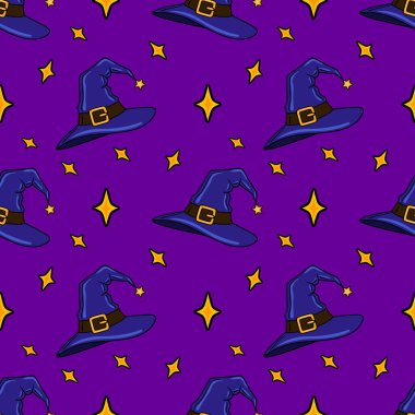 Pembe arka planda parlak sihirbaz şapkaları ve altın yıldızların kusursuz vektör deseni Cadılar Bayramı veya sihirli temalı tasarımlar için mükemmeldir..