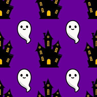 Şirin hayaletler ve parlak mor arka planda tuhaf perili evler içeren kusursuz bir vektör Cadılar Bayramı deseni, şenlik tasarımları için mükemmel..