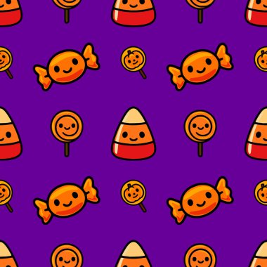 Tatlı Cadılar Bayramı şekerli mısır, lolipoplar ve canlı mor bir arka planda paketlenmiş şekerler ile kusursuz bir vektör deseni, şenlikli tasarımlar için mükemmel..