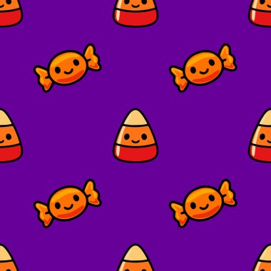 Şekerleme ve canlı mor bir zemin üzerinde paketlenmiş şekerlemeler içeren kusursuz bir vektör deseni. Cadılar Bayramı temalı tasarımlar için mükemmel..