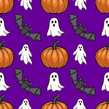 Güzel balkabakları, hayaletleri ve parlak mor arka planda yarasaları olan kusursuz vektör Cadılar Bayramı deseni. Şenlikli tasarımlar ve ürkütücü kutlamalar için mükemmel..