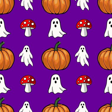 Karikatür balkabakları, hayaletler ve canlı mor bir arka planda uçan mantarlarla kusursuz bir Cadılar Bayramı şablonu. Şenlik tasarımları için mükemmel..