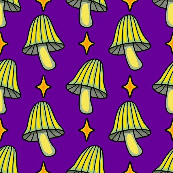 Mor zemin üzerinde şekillendirilmiş yeşil mantarların ve sarı yıldızların kusursuz vektör deseni Cadılar Bayramı ya da sonbahar temalı projeler için mükemmel bir kaprisli ve büyülü sonbahar tasarımı yaratıyor..